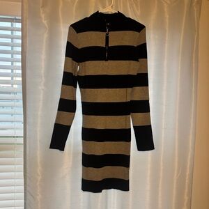 Fashion Nova Black and Tan Striped Long Sleeve Dress